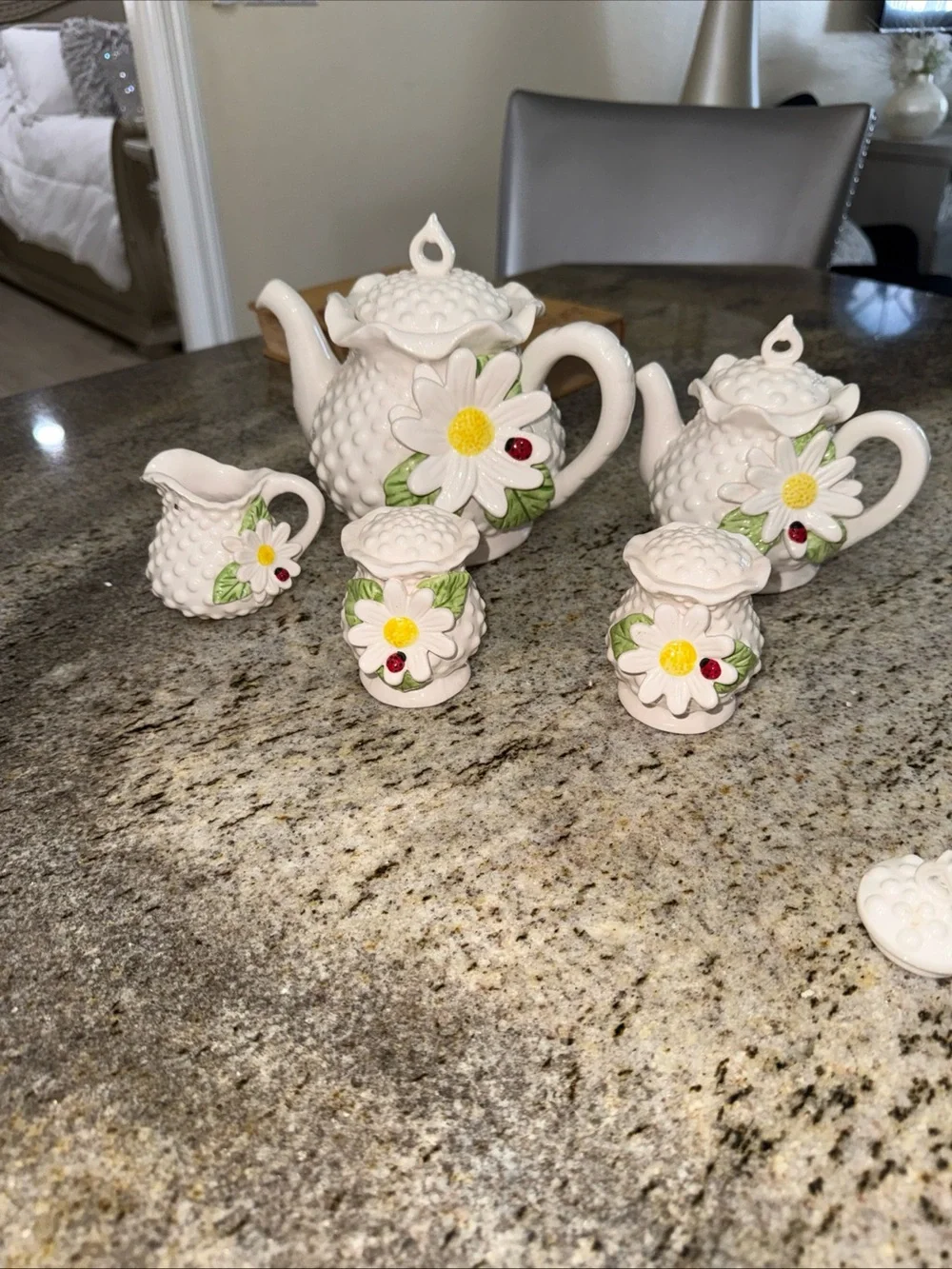 Vintage Daisy ladybug Tea set cottage core mini teapot salt pepper set decor